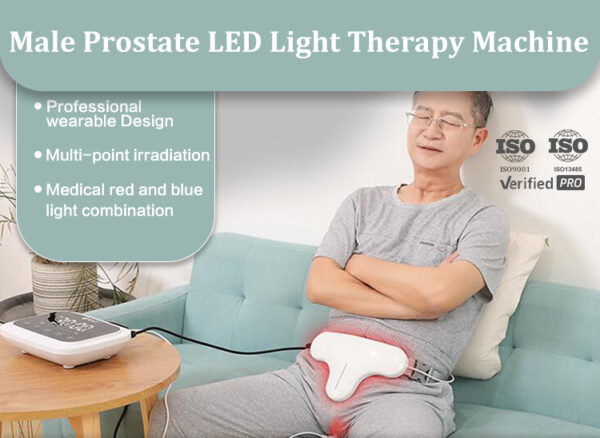 Man using a handheld prostate light therapy device at home