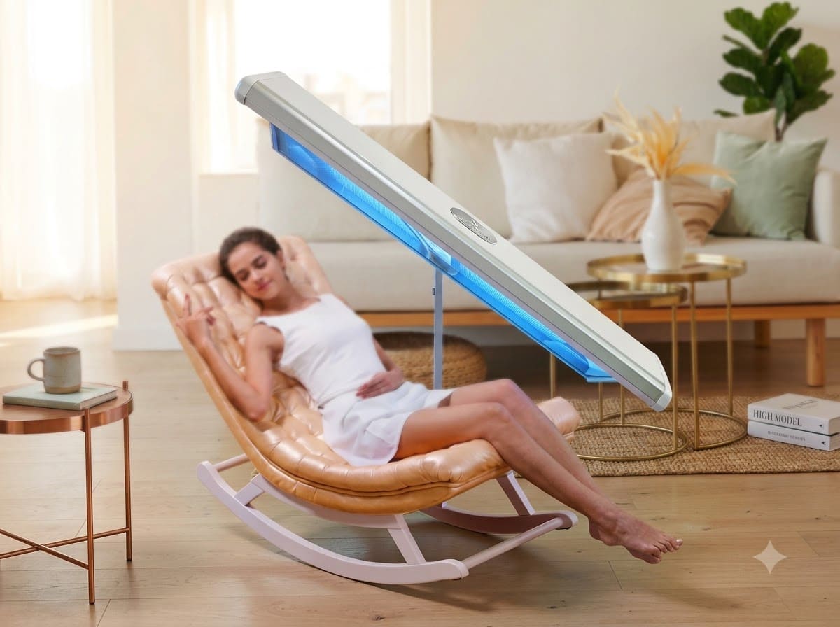 Folded contact-free tanning bed stored against a bedroom wall