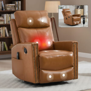 LuxReda Orange Genuine Leather Swivel Rocker Recliner