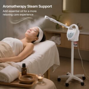 LuxReda professional ozone facial steamer with height-adjustable stand and wheels